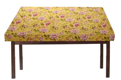 Image of The Furnishing Tree Elastic Cotton Square Dining Table Cover 42x42 in Inches Floral Pink Rose on Yellow Base