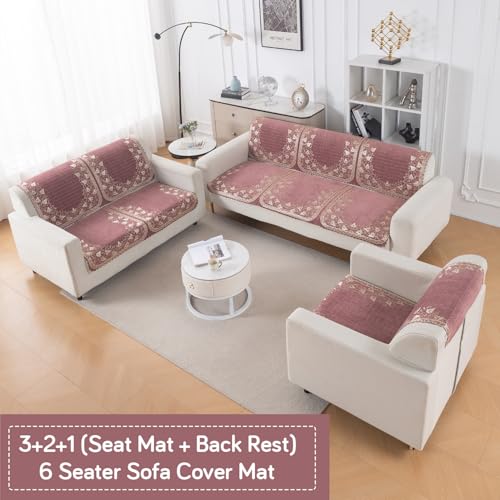 Image of HOKIPO Gulabi Jaal Premium Chenille Jacquard Sofa Cover 6 Seater Set - Washable 3+2+1 Sofa Panel for Seat & Back | 'Royal Aangan Series' (IN-1008 * 2 + IN-1007 * 2 + IN-1006 * 2-L1)