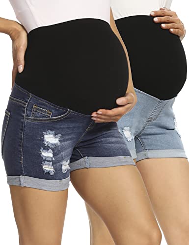Image of V VOCNI Maternity Denim Shorts Women's Summer High Waist Distressed Cuffed Hem Casual Denim Jean Shorts