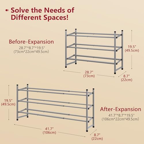 Image of Tajsoon Expandable Shoe Rack for Closet 3 Tier, 28 inch-41 inchAdjustable & Stackable Shoe Shelf Storage, Metal Shoe Rack Organizer for Front Door Entrance, Closet, Garage, Entryway, Grey