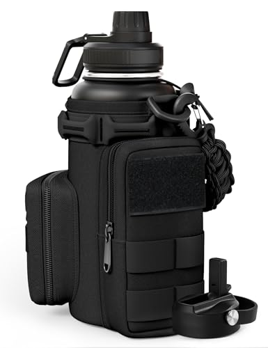 banloga Tactical Water Bottle with Straw 32 Oz Insulated Water Jug with Molle Water Bottle Holder Stainless Steel Sport Bottle with 2 BPA Free Lids for Gym Workout Hiking (32oz-Black)