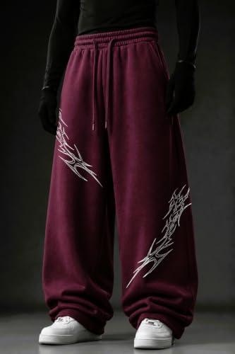 Image of Aesthetic Gothic Wide Leg Pants for Men | Tribal Print Baggy Streetwear | Oversized Track Pants with Elastic Waist | Black and White Relaxed Fit Bottoms