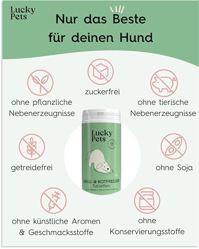 Lucky Pets Gras- & Kotfresser Tabletten Hund – 100 % pflanzlich und magenschonend – Mit Ulmenrinde und Heilerde – Gras und Kotfresser Drops Hund gegen Fressverhalten bei Nährstoffmangel