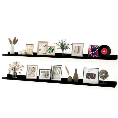 Image of Black Floating Shelves for Wall Decor, 60 in Shelf with Lip Set of 2 | 4.5 inch Deep Display Picture Ledge Shelf, Long Wall Mounted Storage Shelves for Bedroom, Bathroom, Living Room, Kitchen, Nursery