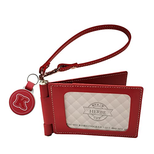 イニシャルA 革ハンドストラップ付 回転式４面パスケース イニシャル キーホルダー付 ICパスケース 本牛革 定期入れ レッド A