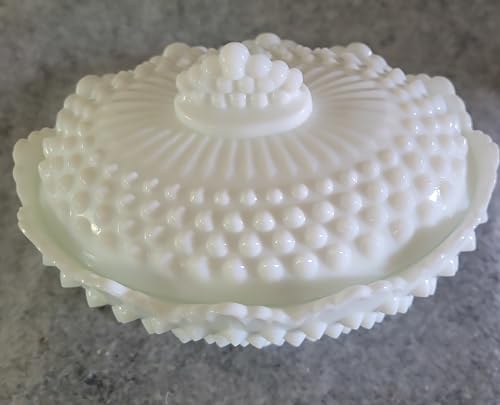 Vintage White Milk Glass Hobnail Oval Footed Covered Candy Dish
