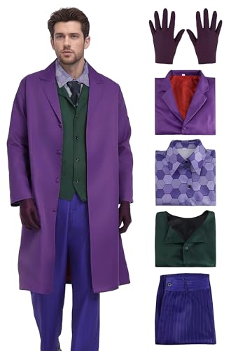 Woparty Disfraz de Joker, disfraz de carnaval, abrigo morado con chaleco, camisa, pantalones, corbata guante, 6 piezas, traje de Halloween, disfraz para hombre (L)