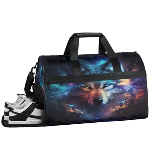 Gym Bag for Women Men Wolf Galaxy Rainbow Animal Travel Duffle Bag with Shoe Compartment Waterproof Sports Tote Bags Large Overnight Weekender Bags for Travel Swimming Gym Yoga Dance