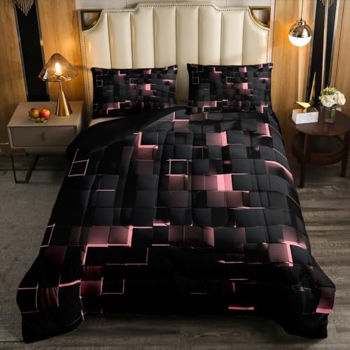Image of Erosebridal Pink and Black Comforter Set King Neon Geometric Checkered Bedding Set for Kids Girls Teen,Tereoscopic Grids Comforter Square Plaid Quilt Duvet Room Decor 3 Pcs
