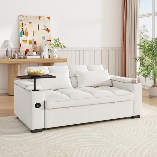 Image of Dreamzie 65'' Convertible Sleeper Sofa Bed with 90 Swivel Side Table, Chenille Pull Out Couch for Living Room, Loveseat Sleeper with Hidden Storage Space | Charging Port | Cup Holders, Beige