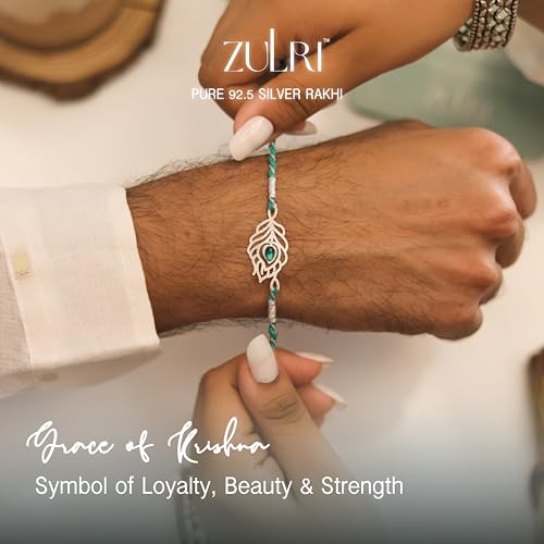 Image of 92.5 Sterling Silver Peacock Feather with Stone Thread Rakhi For Rakshabandhan | Rakhi With Fragrance Greeting Card & Roli Chawal and Silver Certificate of Authenticity