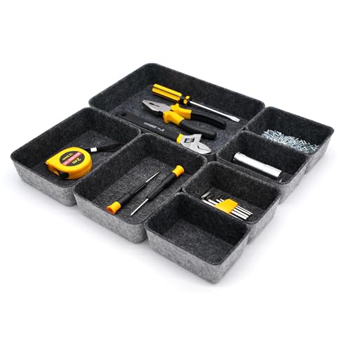 Welaxy Drawer organizers tray felt storage bin office Shallow Small Desk box Draw dividers stylish interior room decor 7-piece (Charcoal)