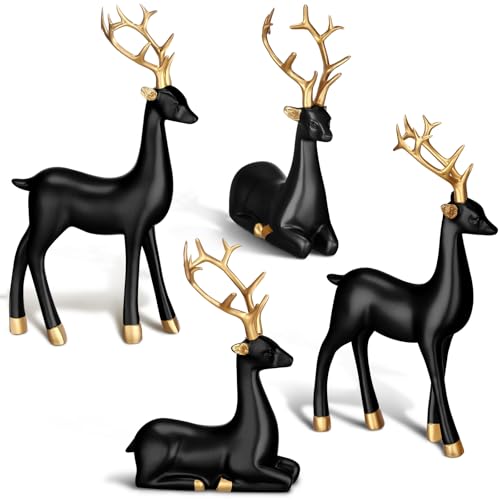 Thyle 4 Pcs Christmas Reindeer Decor Small Resin Standing Sitting Deer Figurine Mini Reindeer Christmas Table Decoration for Home Indoor Xmas Holiday Small Statue Rustic Table Decor(Black, Gold)