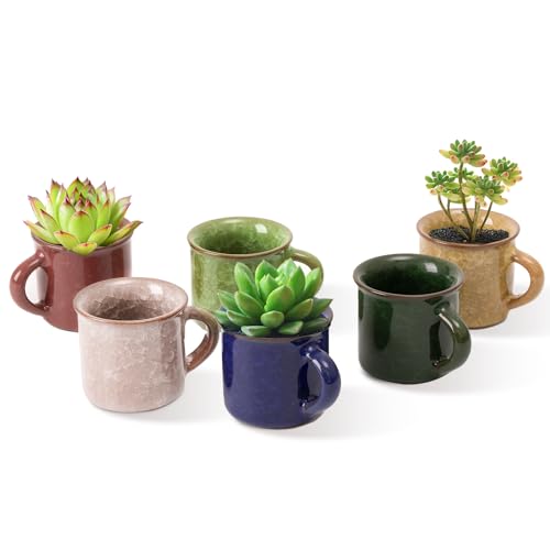 Macetas, Kitchen Dashare - Macetero de cerámica para suculentas de 3 pulgadas, glaseado de hielo para manualidades con drenaje, juego de 6 macetas pequeñas con forma de taza...