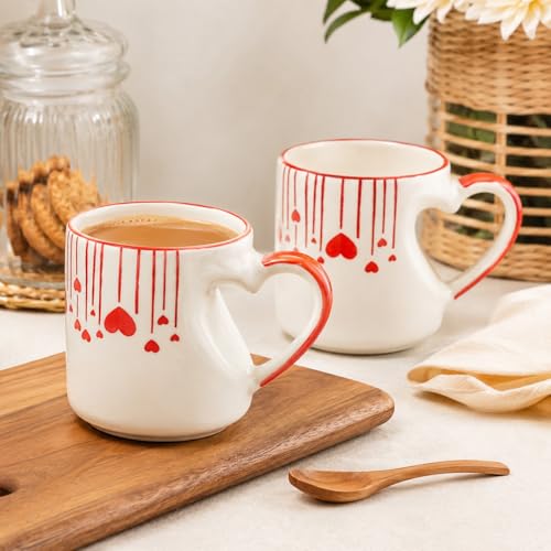 Image of Saras Aajeevika 2 Pc Handmade Ceramic Coffee - 300ml Heart Shape Gift Set Tea /Milk Mug Cup Set for Kitchen Glossy Finish Kids Glass Drinkware -Mircowave & Dishwasher Safe Ideal for Daily Use & Gifting