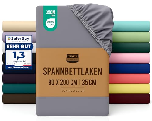 Utopia Bedding - Spannbettlaken 90x200cm - Grau - Oeko-Tex Zertifiziertes Gebürstete Polyester-Mikrofaser Spannbetttuch - 35 cm Tiefe Tasche