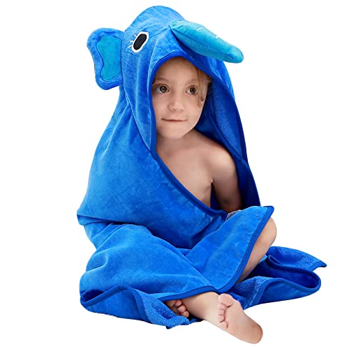Image of MICHLEY Baby Boy Girl Animal Hooded Bath Towel, Soft Cotton Beach Swimming Washcloth for 0-6T, Elephant