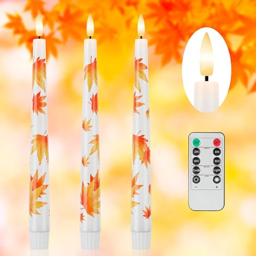 Image of Fall Flameless Taper Candles, 9.6 inch Maple Leaf Battery Operated Candles with Remote, Real Wax Autumn Led Candle, Flickering Candlesticks for Fall, Thanksgiving, Harvest, Halloween Decor, 3 Pack