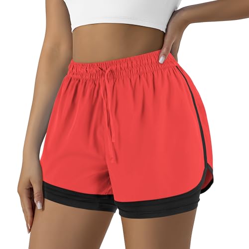 Yevrimow Women's 2 in 1 Running Shorts for Gym Yoga Workout Athletic Shorts High-Waisted Shorts with Liner Pockets Rose-XXL