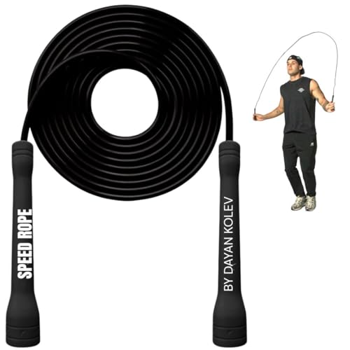 SwissSkip Speed Jump Rope by Dayan Kolev, 5mm PVC Skipping Rope, for Beginners and Advanced Athletes, Ideal for Fitness, Cardio, Boxing & CrossFit, Adjustable length with Unbreakable Handles (Black)
