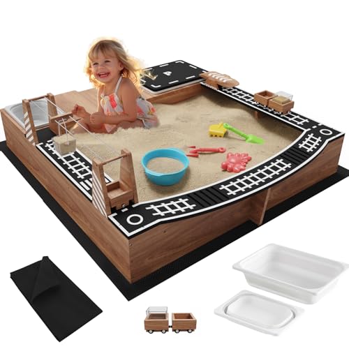 IDEA FAMILY Kids Wooden Sandbox with Fun Sand Play Theme,2 Toy Buckets & 3 Reinforced Benches Outdoor Sand Box for Backyard Garden Patio Lawn Cedar Wood Sandpit w/Magnetic Truck,Bottom Liner - Brown