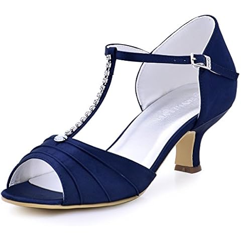 Elegantpark EL-035 Wedding Sandals for Bride Low Heel Bridal Shoes Women Peep Toe T-Strap Rhinestones Satin Bridal Party Sandals Navy Blue UK 7(EU 40) Cover