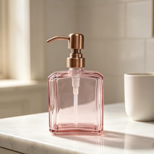 Image of Blush Pink Soap Dispenser Glass Rectangular, Copper Pump, 13.5 oz | Rust Proof Stainless Steel Pump, Refillable, Hand Soap, Liquild Soap, Dish Soap, Bathroom, Kitchen
