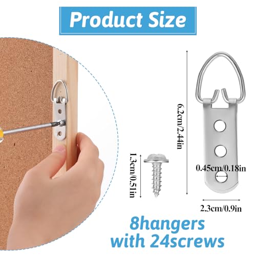 Image of 8 Sets Heavy Duty Picture Hangers D-Ring Frame Hanging Kit with Screws, 3 Holes Stainless Steel Mirror Hangers for Wall, for Hanging Mirror Frames Pictures Paintings Clock