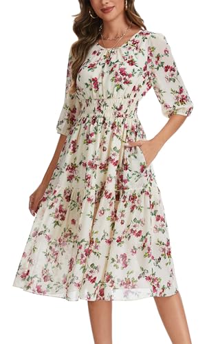 Image of Kormei Women Casual Boho Floral Round Neck 3 /4 Sleeve Smocked Waist Tiered A Line Flowy Swing Midi Dress Long Dresses