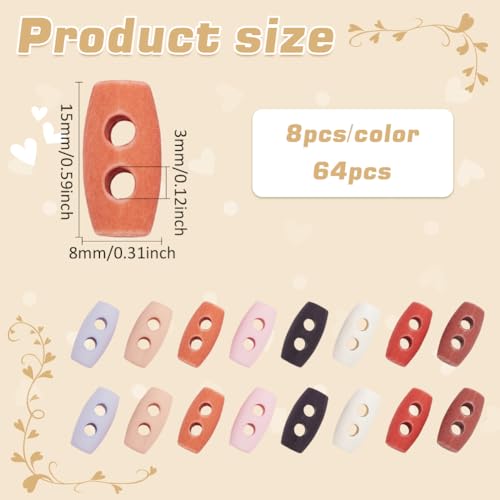 FINGERINSPIRE 64PCS Tiny Sewing Horn Toggle Buttons 15mm 2-Hole Mini Plastic Toggle Buttons 8 Colors Micro Olive Shape Sewing Buttons Small Coat Sewing Buttons for DIY Doll Coat Clothes Decoration - Image 2