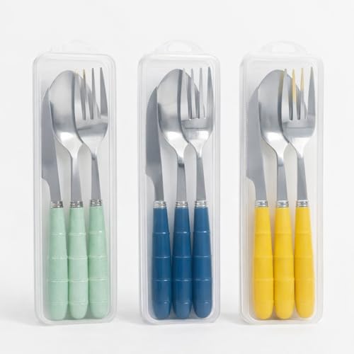 Conjunto Jogo Kit Talheres Inox Portátil com Estojo, Garfo Faca Colher 18cm, Reutilizável e Sustentável, Cabos Ergonômicos, Ideal para Marmita Trabalho Escola Viagem Camping Piquenique (Amarelo)