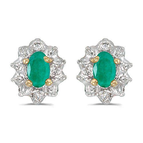 10k Yellow Gold Oval Emerald And Diamond Earrings