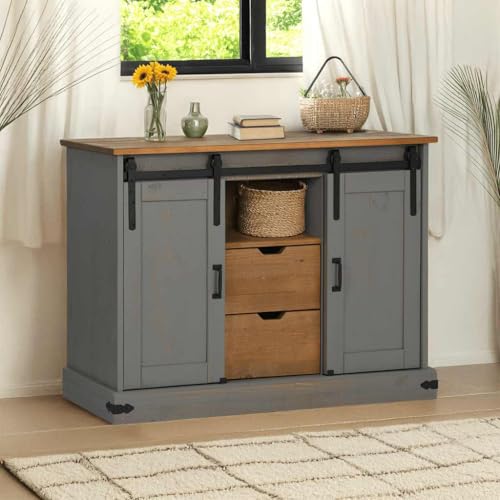 KTHLBRH Aparador Halden 2 Puertas correderas Gris Aparador Halden de Madera de Pino Macizo con Puertas Corredizas y Cajones, Almacenamiento Versátil para Sala o Dormitorio 112x40x80
