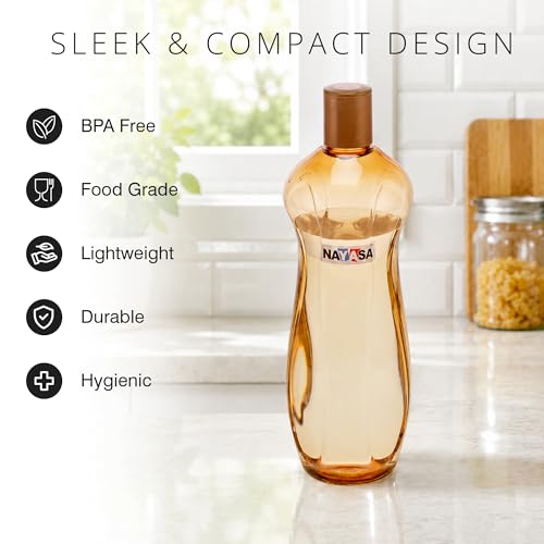 Image of Nayasa Loopy 1000 ML Pet Plastic Fridge Water Bottles Set of 6 | BPA Free | Leak Proof | Airtight Lid | Brown