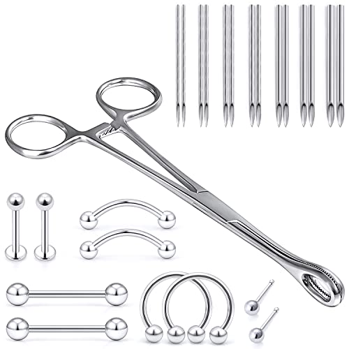 Vsnnsns Round Slotted Locking Forceps Piercing Clamps Tools with 10G 12G 13G 14G 16G 18G 20G Piercing Needles for Nose Septum Lip Tongue Eyebrow Belly Rings Ear Piercing Jewelry