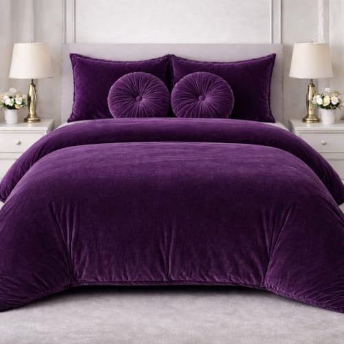 Image of Sands Luxurious 6Pc Bedding Set for Winter, 1 Double Duvet Cover,1 Double Bed bedsheet, 2 Pillow Covers, 2 Round Cushions, Ultra Soft Woollen Bedsheet Set- 90X100 inches (Purple)