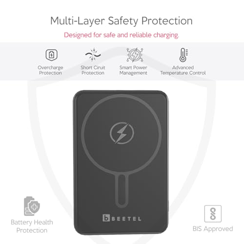 Image of Beetel MagVibe Series WB10 Magsafe 10000mAh Magnetic 15W Wireless Power Bank for Apple iPhone, Samsung, OnePlus, All Smartphones | Qi Enabled Devices | 3M Ring in Box | Premium Finish | Black