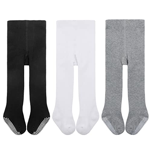Durio Collants pour bébé fille, en coton, chauds, leggings, 3 paires : noir, blanc et gris, 6-12 mois Cover