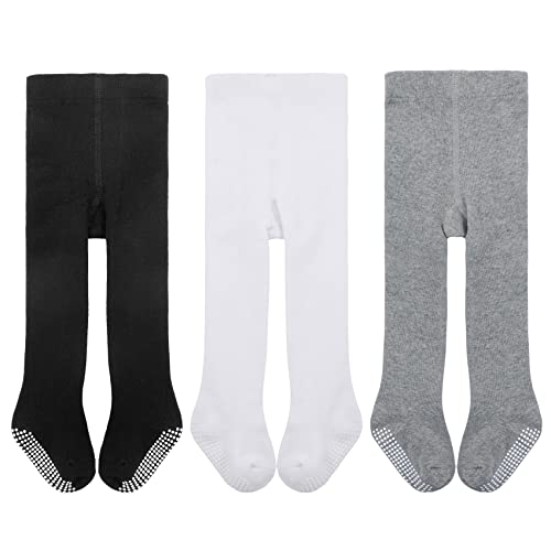 Durio Collants pour bébé fille, en coton, chauds, leggings, 3 paires : noir, blanc et gris, 6-12 mois