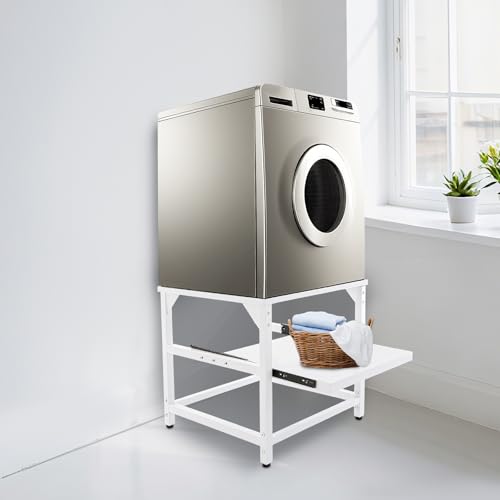 Metal Base for Washing Machine, Dryer Base with Pull-Out Shelves, Max. 150 kg, Adjustable Non-Slip Washing Machine Base, Pedestal Raiser for the Fridge Dryer(24’’x22’’x20.5’’,White)