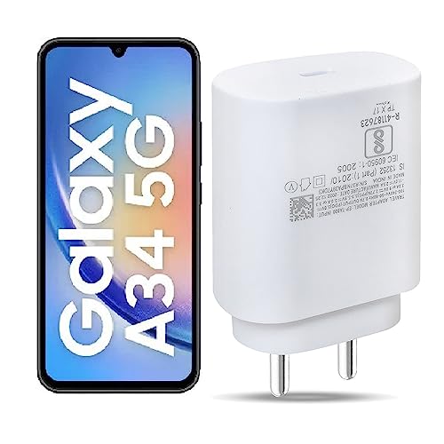Image of ZYBUX Samsung 25W Super Fast Charger Compatible with Samsung Galaxy A34 5G Cellular Mobile Phone Adapter USB Type C Original Charging Adaptor (25 Watt), White
