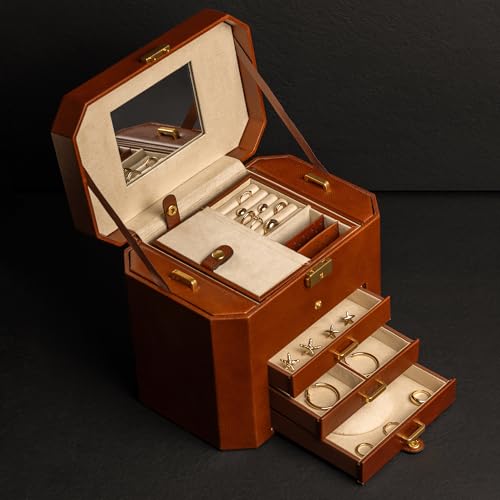 Image of Time Resistance Leather Jewelry Box - Full Grain Leather Jewellery Organizer - Lock Box for Women (Cognac Brown)