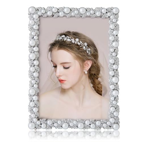 DIKAR 5x7 Picture Frame, Wedding Picture Frame for Metal Frame with Glass Front, Tabletop and Wall Art Display Pearls Diamond Photo Frame for Wedding Gifts
