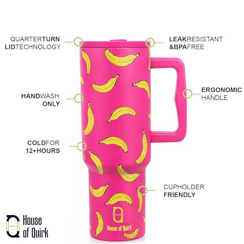 Image of House of Quirk 1200ML Stainless Steel Tumbler with Handle & Lid, 2 Straws - Large Travel Mug Water Cup for Gym, Office & Outdoor Use (Banana Pink)