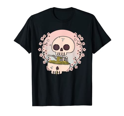 Kawaii Esqueleto Calavera Comiendo Ramen Lindo Esqueleto Anime Ramen Camiseta