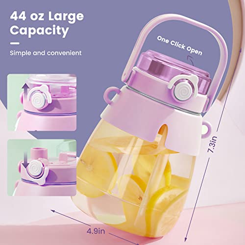 Kawaii Water Bottle With Straw, 44Oz Cute Water Bottles With Two Ways To Dinking, Leakproof Water Jug With Portable Strap For Teen Girls/Boys/Adults School Office Travel Sports Use (Purple) #TOP2