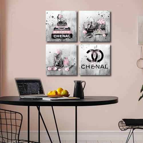 Meetdeceny Fashion Pink Wall Decorations - Grey Wall Decor for Bedroom - Women Satchel Painting Pictures Wall Art - Book Canvas Prints for Home Decor 10"x 10"x 4 Panel