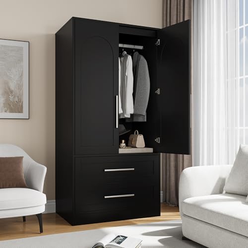 Einhomn Wooden Armoire Wardrobe Closet with 2 Doors and 2 Drawers,Freestanding Armoire Storage Cabinet with Shelves,Tall Clothing Storage Cabinet Suitable for Bedroom,Black