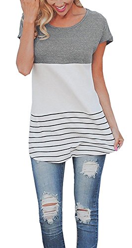 koobea T Shirt Mode Femme Manches Courtes Col Rond à Rayures avec Dentelle au Dos Top Blouse Casual Gris-S