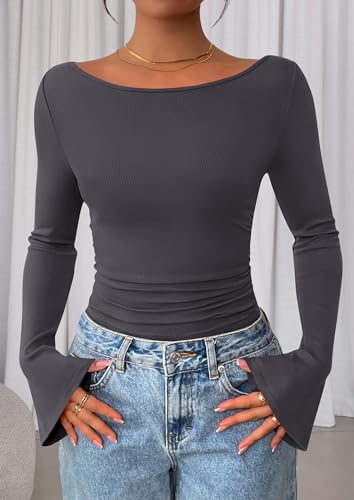 Image of PRETTYGARDEN Women Long Sleeve Shirt 2025 Crop Casual Boat Neck Bell Sleeve Ribbed Ruched Y2K Clothing